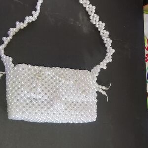 Homemade beaded burse, pearl white. 8-1/2" x 5" x 3", 27" strap.